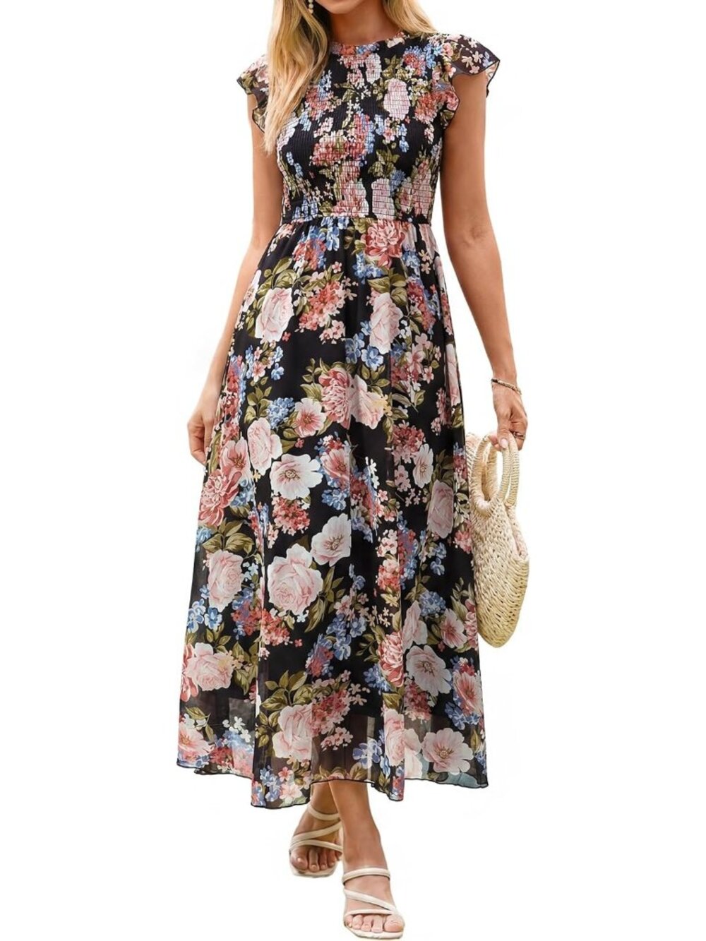 Women's Black Green Floral Ruffle Sleeve Chiffon Flowy Smocked Waist Maxi Dress